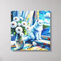 White Cat in Window sill Looking out at the Ocean Canvas Print