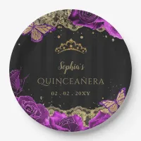 Vintage Purple Roses Black Gold Lace Quincea&#241;era Paper Plates