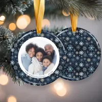 Modern Blue Snowflakes Family Christmas Photo Ceramic Ornament