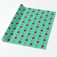 Cute Red Cherries Green Background Gift Wrap