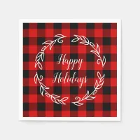 Red and Black Buffalo Plaid Happy Holidays Napkins