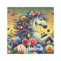 Pretty Whimsical Colorful Flowers and White Horse Metal Print