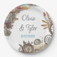 Floral Steampunk Wedding Date and Names Paper Plates