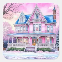 Pretty Pink Victorian House at Christmas time Square Sticker