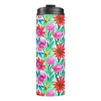 Watercolor Flowers in Teal, Red and Pink Thermal Tumbler