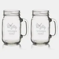 Monogram Christmas - Family Name Be Jolly Etched  Mason Jar W/ Handle