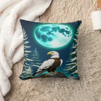 Eagle Perched Under Moonlit Winter Sky Throw Pillow