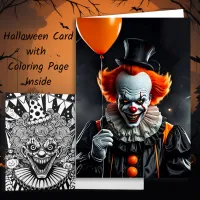 Scary Clown Halloween and Coloring Page Card