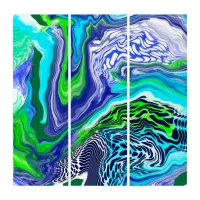 Blue and Lime Green Marble Swirls   Triptych