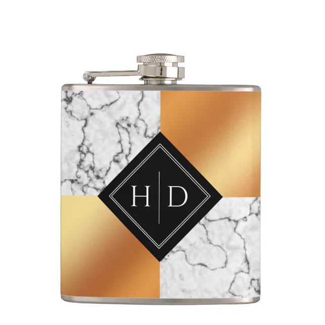 Elegant Marble & Copper Foil Monogram Wedding Hip Flask