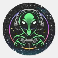 Alien Playing Video Games with Star Background Classic Round Sticker