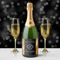 Elegant Black Marble & Copper Foil Script Monogram Sparkling Wine Label