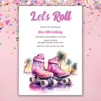 Pink Purple Roller Skate Tropical Birthday Party Invitation