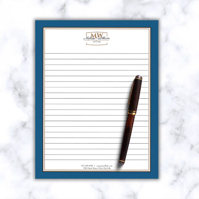 Simple Blue Monogram Lined Business Notepad