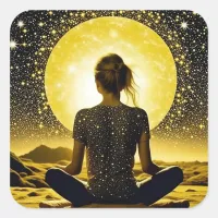 Woman Meditation Under the Moon Celestial Square Sticker