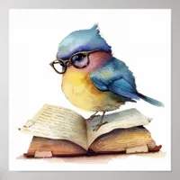 Nursery Art Poster Bird Reading with Eyeglasses