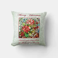 Green Glitter Stained Glass Red Christmas Flowers  Throw Pillow