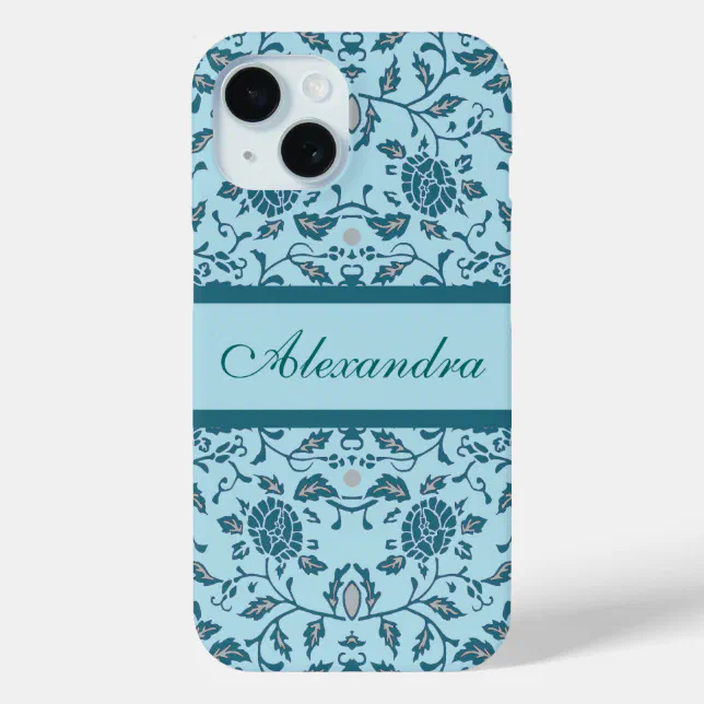 Elegant Flowery Teal Damask iPhone 15 Case