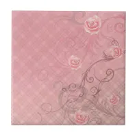 Roses and Swirls on Pastel Pink Plaid Ceramic Tile