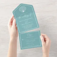 Light Teal Beach Seashell Coastal Wedding All In One Invitation