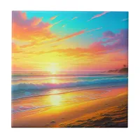 Beautiful Sunset on the Ocean Sandy Beach Ceramic Tile