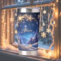 Magical Christmas time - golden snowflakes on blue Insulated Tumbler