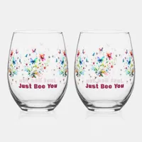 Simple Floral Watercolor Monogram Bee Stemless Wine Glass