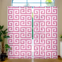 Large Pink and White Greek Key Pattern Sheer Curtains