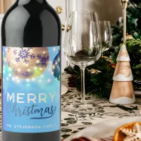 Blue Christmas Baubles Twinkling String Lights  Wine Label