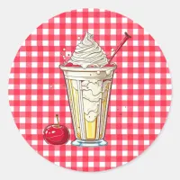 Vanilla Milkshake with Cherries Red Checkered Classic Round Sticker
