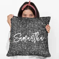 Black Glitter White Brush Script Throw Pillow