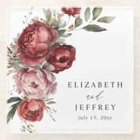 Elegant Boho Burgundy Blush Floral Wedding Glass Coaster