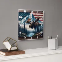 Majestic Moose in Front of Mountains and Flag Square Wall Clock