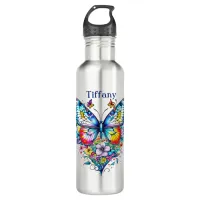 Butterfly and Floral Heart Personalized Stainless Steel Water Bottle