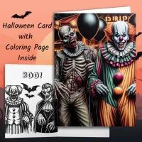 Clown and Zombie Halloween Coloring Page Card