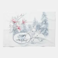 Cute White Rabbits in Snow Winter Holiday Kitchen Towel