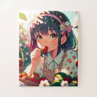 Cute Anime Girl Eating Strawberries | Summer Day Jigsaw Puzzle