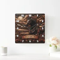 Black Horse With Saddle Near Barn at Rodeo Square Wall Clock