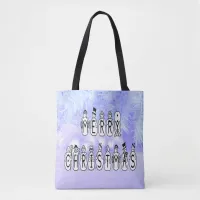 Merry Christmas Snow People Font, Blue Tint Snow Tote Bag