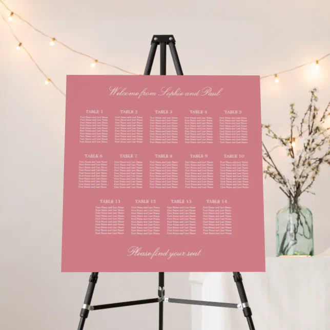 Blush Pink 14 Table Wedding Seating Chart Foam Board