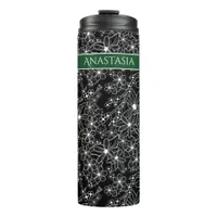 Hand Drawn Floral Black White Pattern & Green Name Thermal Tumbler