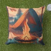 Tent and Campfire Vintage Colors Art Outdoor Pillow