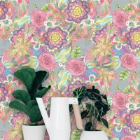 Colorful Whimsy Boho Chic Hand-Drawn Florals Wallpaper