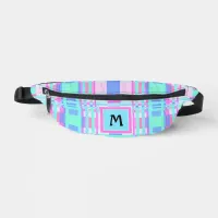 Plaid Pattern Tartan Check Blue Pink Monogram Fanny Pack