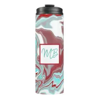 Monogrammed Teal, Burgundy, Red and White Marble  Thermal Tumbler