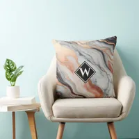 Elegant Rose Gold Black Marble Monogram Throw Pillow