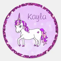 Personalized Purple Rainbow Horned  Unicorn Heart Classic Round Sticker