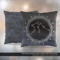 Dark Zodiac Astrology: Aquarius Black & Silver Throw Pillow