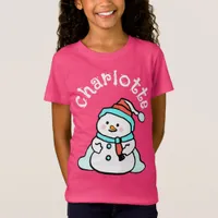 Christmas Snowman Custom Name Girls Pink T-Shirt