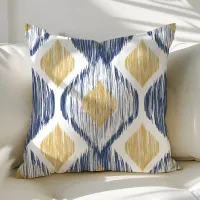 Gold and Navy Ogee Ikat Pattern Throw Pillow